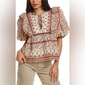 NWT,Calypso St Barth,Quilted Bib-Front Boho Folk Print Cotton Blouse,Size M